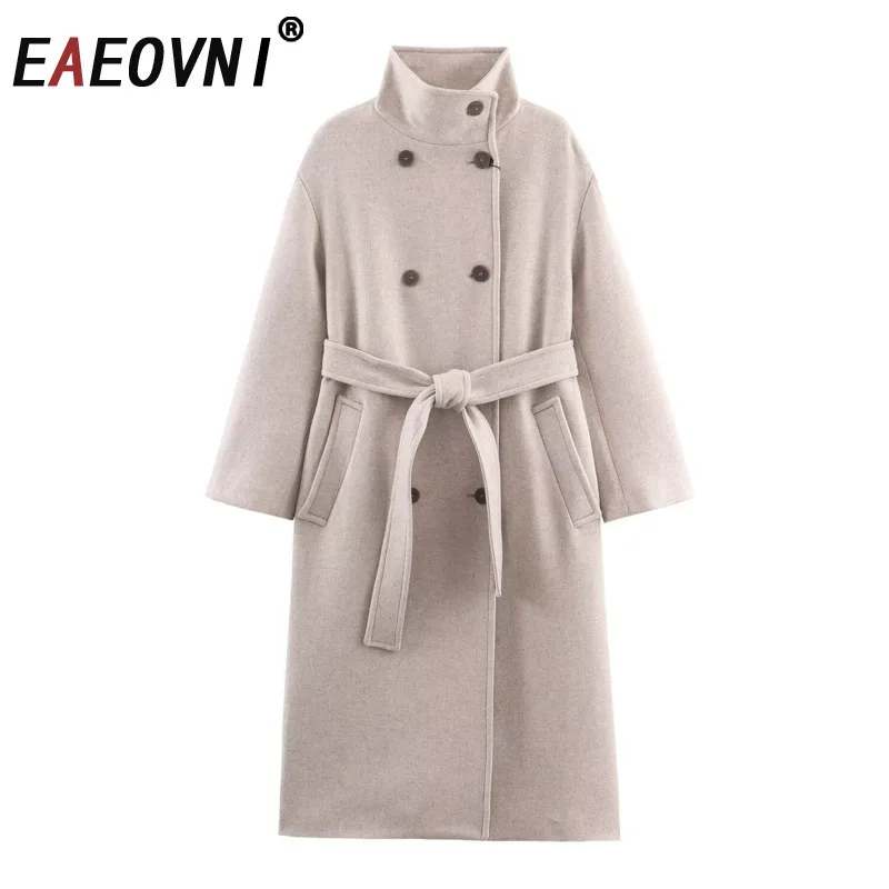 

EAEOVNI Autumn Winter New Long Trench Coat Women Fashion Stand Collar Double Button Belt Windbreaker Temperament 2026 Clothing