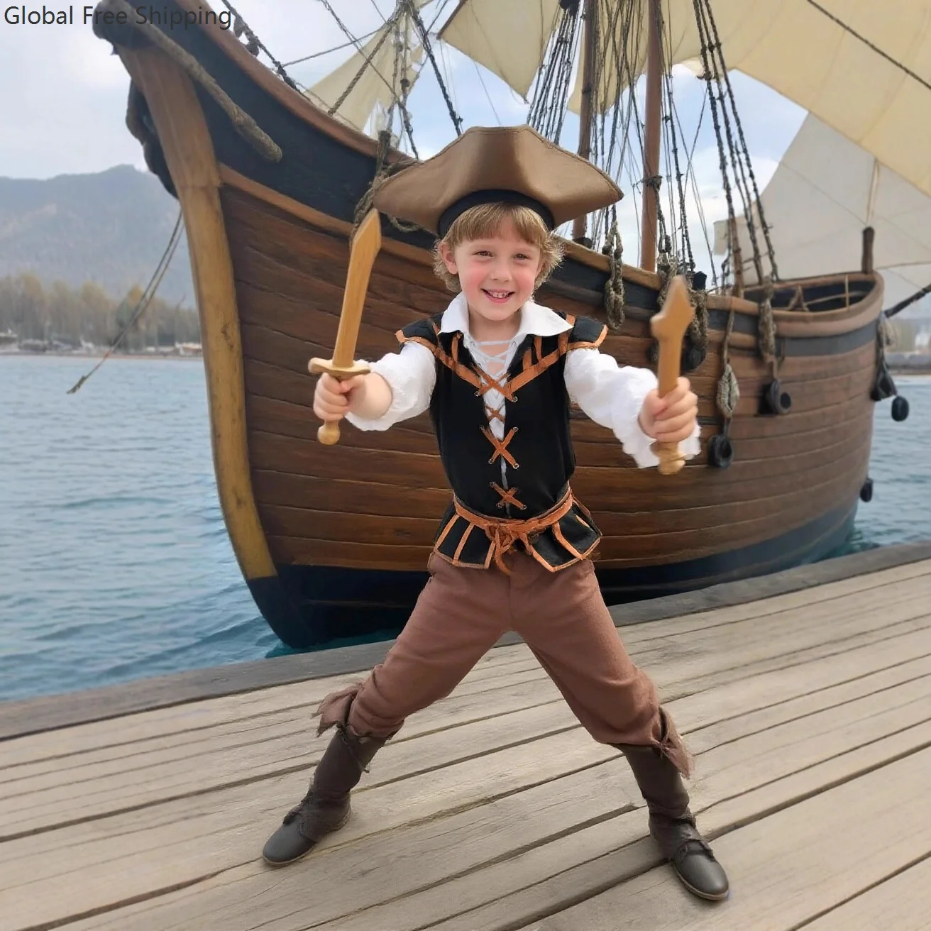 Halloween Mittelalter Rollenspiel Piratenanzug Hemd Kurze Hose Kinder Renaissance Schnürweste Piraten Bühnenkostüm