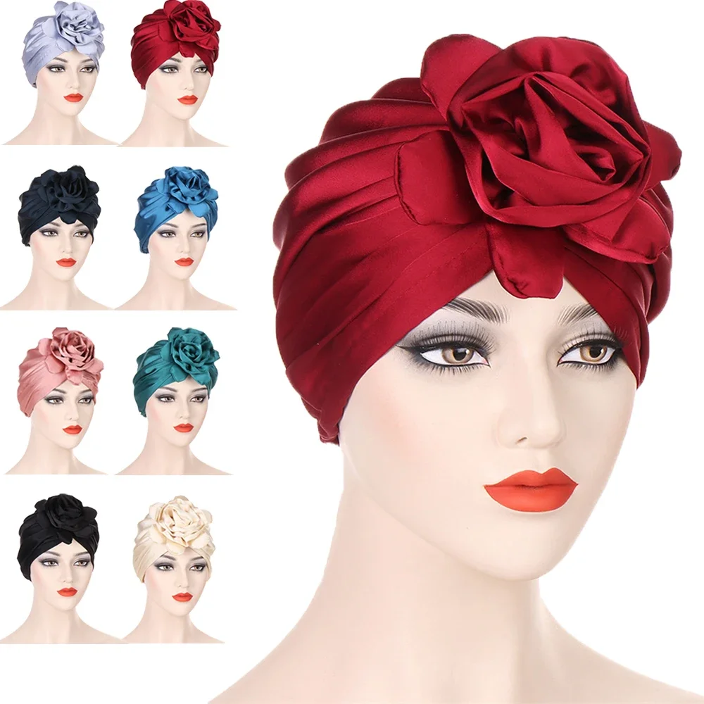 Big Flower Muslim Women Turban Satin Head Wrap Hijab Sleep Night Hat Chemo Cap Indian Elastic Beanie Ladies Hair Loss Headwear