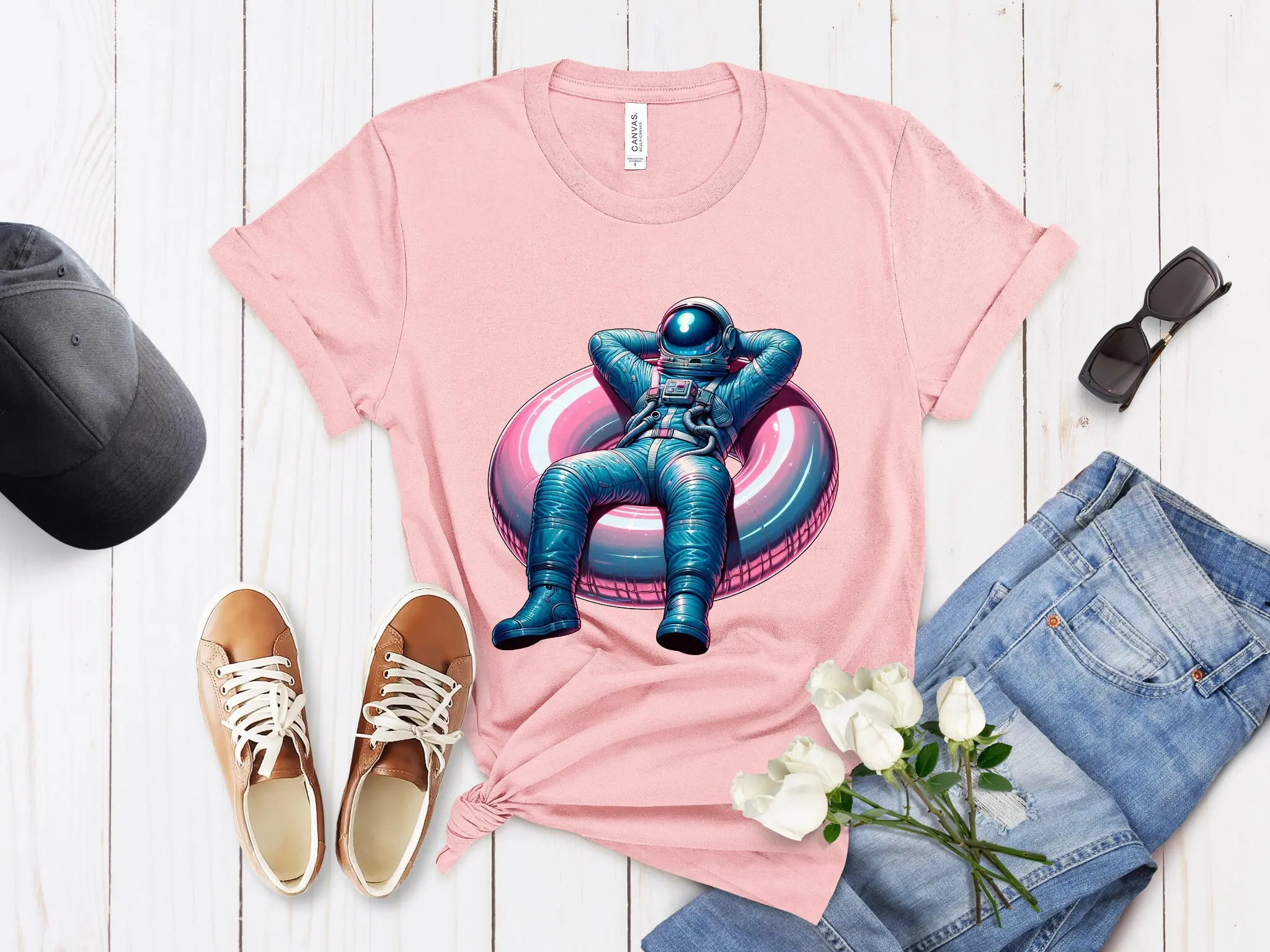 Space Themed T Shirt Astronaut Lounging Design Galaxy Inflatable Ring Top Unique Cosmic Fashion for Her Him