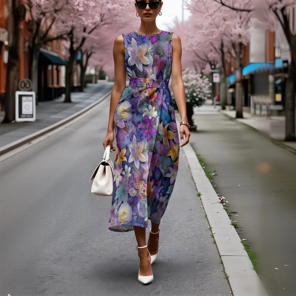 ボヘミアンシックなドレス ウエストタイ付き ノースリーブ トロピカルフローラルマキシドレス 通気性 ビーチストリートスタイル エレガントな流れるマキシドレス