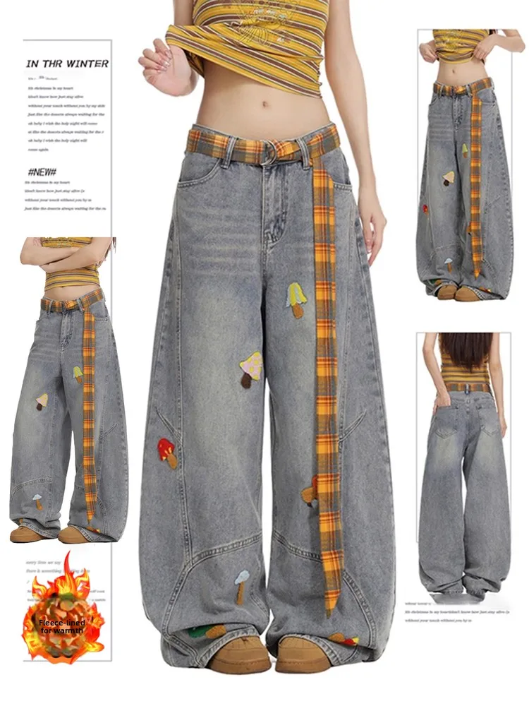 

plus Size Women's Fce Lined Embroidered Wide Leg Jeans Loose Fit Casual Trousers Autumn Winter New Sle Knife