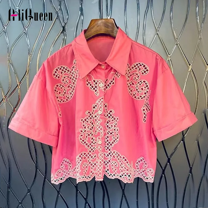 

Summer Women Vintage Pink Hollow Out Embroidery Crop Shirt Loose Striped Short Sleeve Lapel Neck Womens Tops Y2k Blusas Mujer