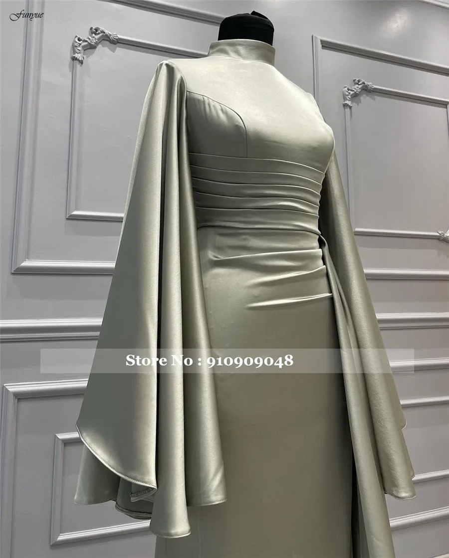 Funyue Elegant High Neck Long Sleeve Evening Gowns For Women Satin Pleated Formal Dress Mermaid Wedding Prom Party Dresses New