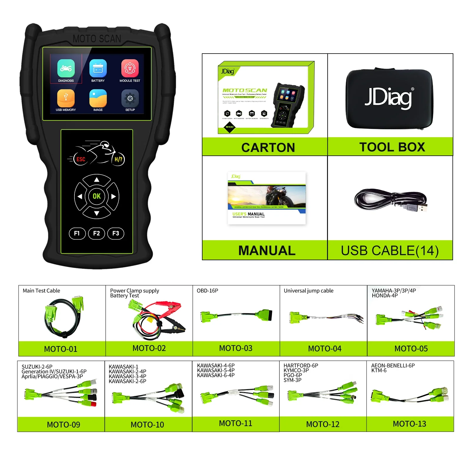 

2025 JDiag M100 Pro Motorcycle Handheld ScannerMultilingual Diagnostic Tool Universal 2 in 1 Scanner Motor Scan Battery Tester