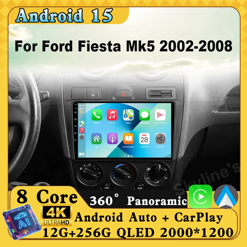 

Автомобильный радиоприемник Android 15 для Ford Fiesta Mk VI 5 Mk5 2002-2008, мультимедийный GPS-навигатор, стерео Carplay 2 Din DVD Carplay