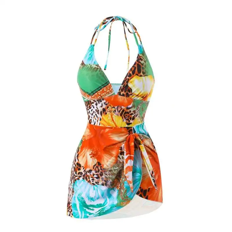 JEWELRY SEN Women Halter One‑Piece Swimsuit Tropical Floral Leopard Print Wrap‑Tie Skirted Swim Dress Summer Beach Bathing Suit