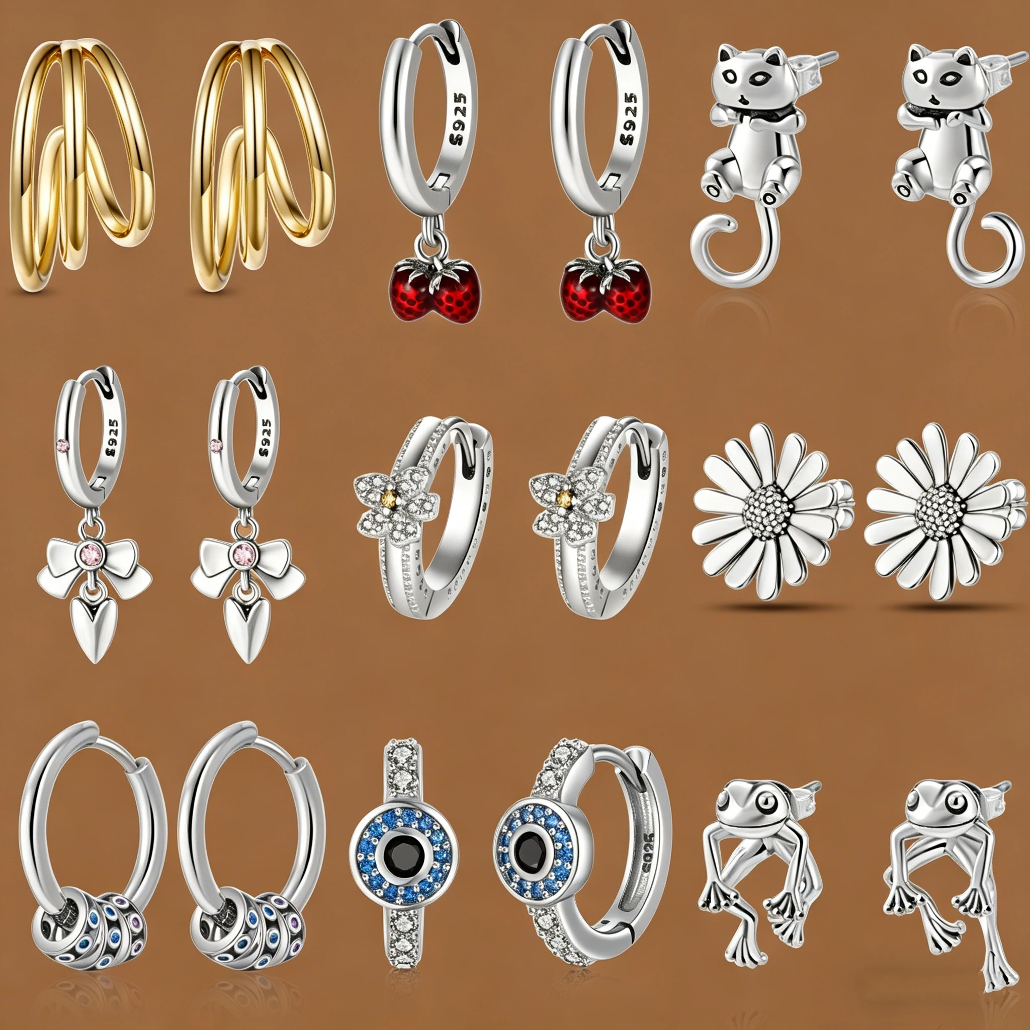 

925 Silver Earrings for Women Cute Cat Frog Strawberry Bow Daisy Set Evil Eye Zircon Stud Earrings Fashion Jewelry Gift