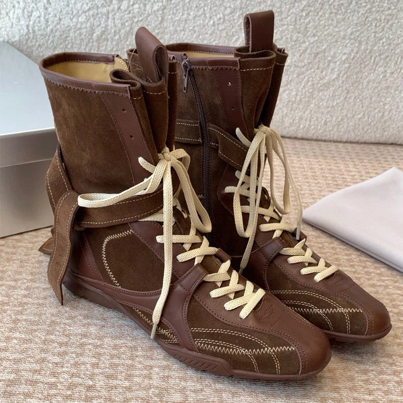

High Quality Height Lncreasing Women Boxing Training Boots Fashion Genuine Leather Flat Sneakers Short Boots Walking Shoes