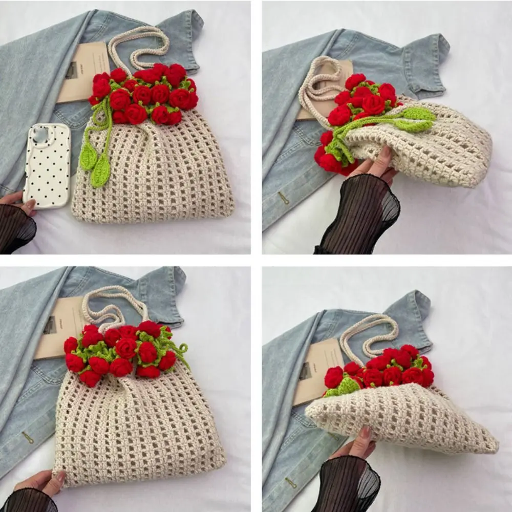 보헤미안 로즈 부케 위브 백 크로셰 뜨개질 꽃무늬 숄더백 로맨틱 코튼 로프 로즈 비치 버킷백