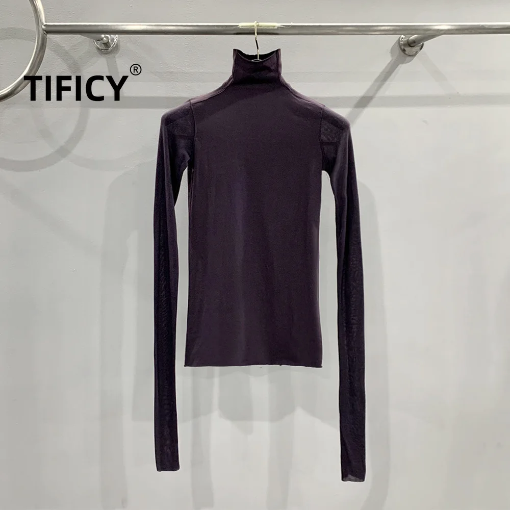 TIFICY Cotton Women's Dark Purple Ribbed Patchwork Tight Fitting Half High Neck Long Sleeved Top Slim Fit Base TShirt Tops