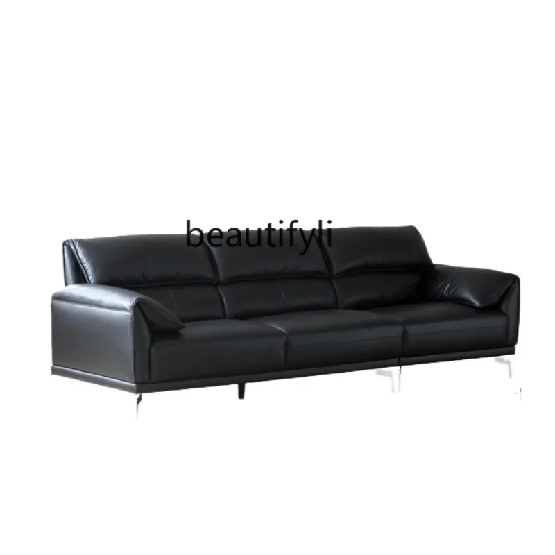 

C Leather sofa black first layer cowhide retro light luxury living room three-person straight row sofa