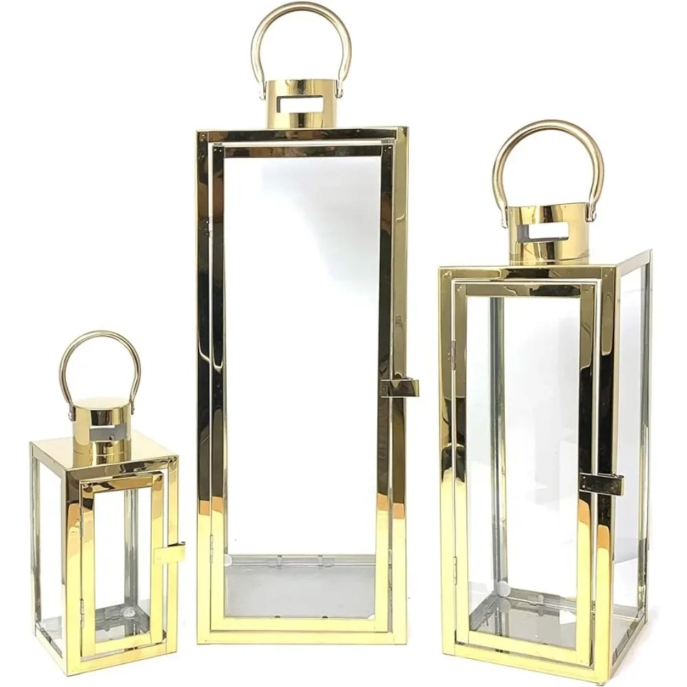 Candle Stick Holder Luxury Modern Indoor/Outdoor Hurricane Candle Lantern Set With Chrome Plated Structure and Tempered Holders