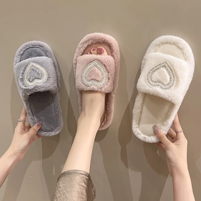 Heart Shaped Home Cotton Slippers Women Autumn Winter Indoor Open Toe Soft Sole Plush Slippers Faux Fur Cotton Slides Ladies