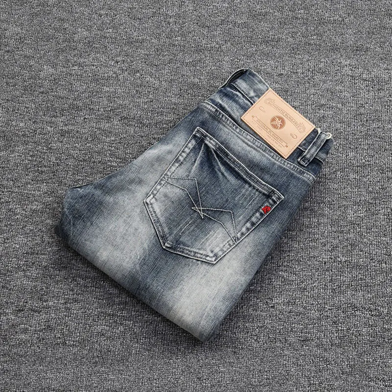 Italian Style Fashion Men Jeans Retro Washed Blue Elastic Slim Fit Ripped Jeans Men Trousers Vintage Designer Denim Pants Hombre