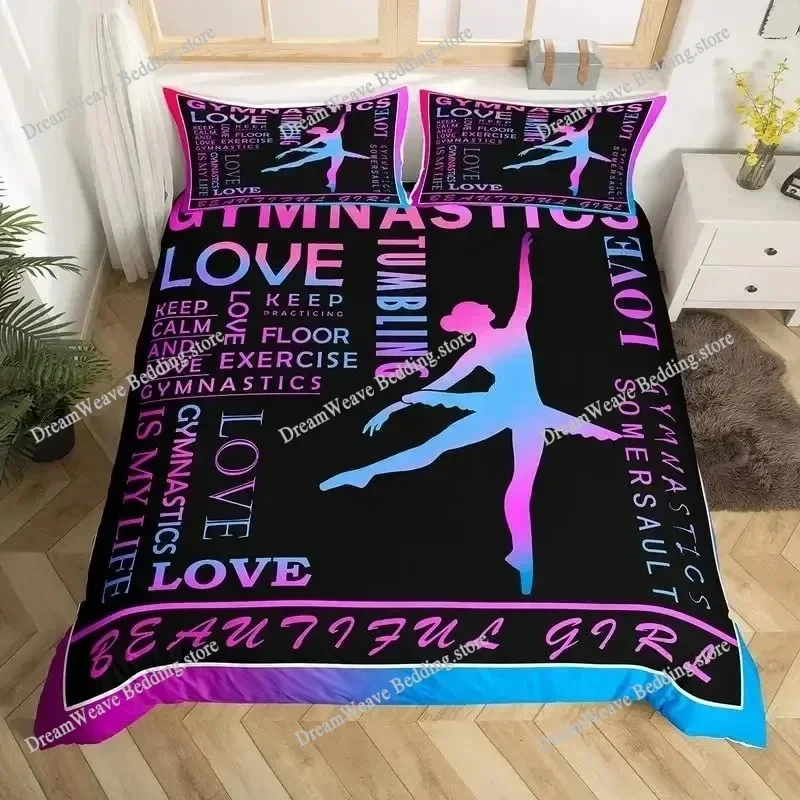 Bedding Decor Love Gymnastics King Queen Duvet Cover Floor Exercises Ballet Bedding Set Neon Pink Dance Comforter Cover Polyeste