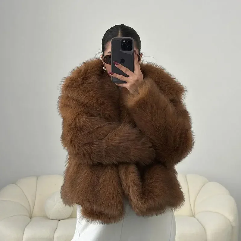 Women Winter Fashion Faux Fox Fur Coat Lapel Fluffy Jacket High Street Luxury Big Collar Warm Overcoat Outerwear пальто женское