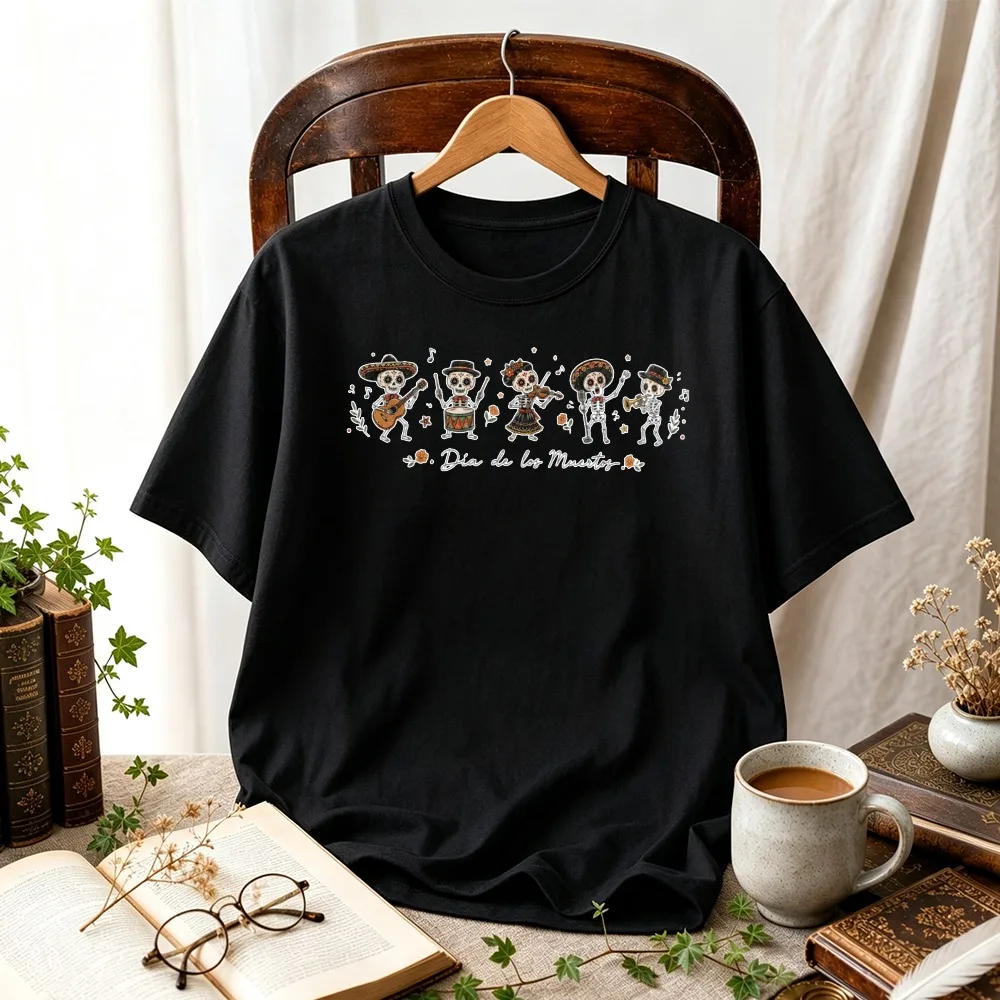 Dia De Los Muertos Mariachi Skeleton Band Guitar Violin Drum Trumpet Mexican Folk Music Retro Print Cotton T‑Shirt Casual Tops