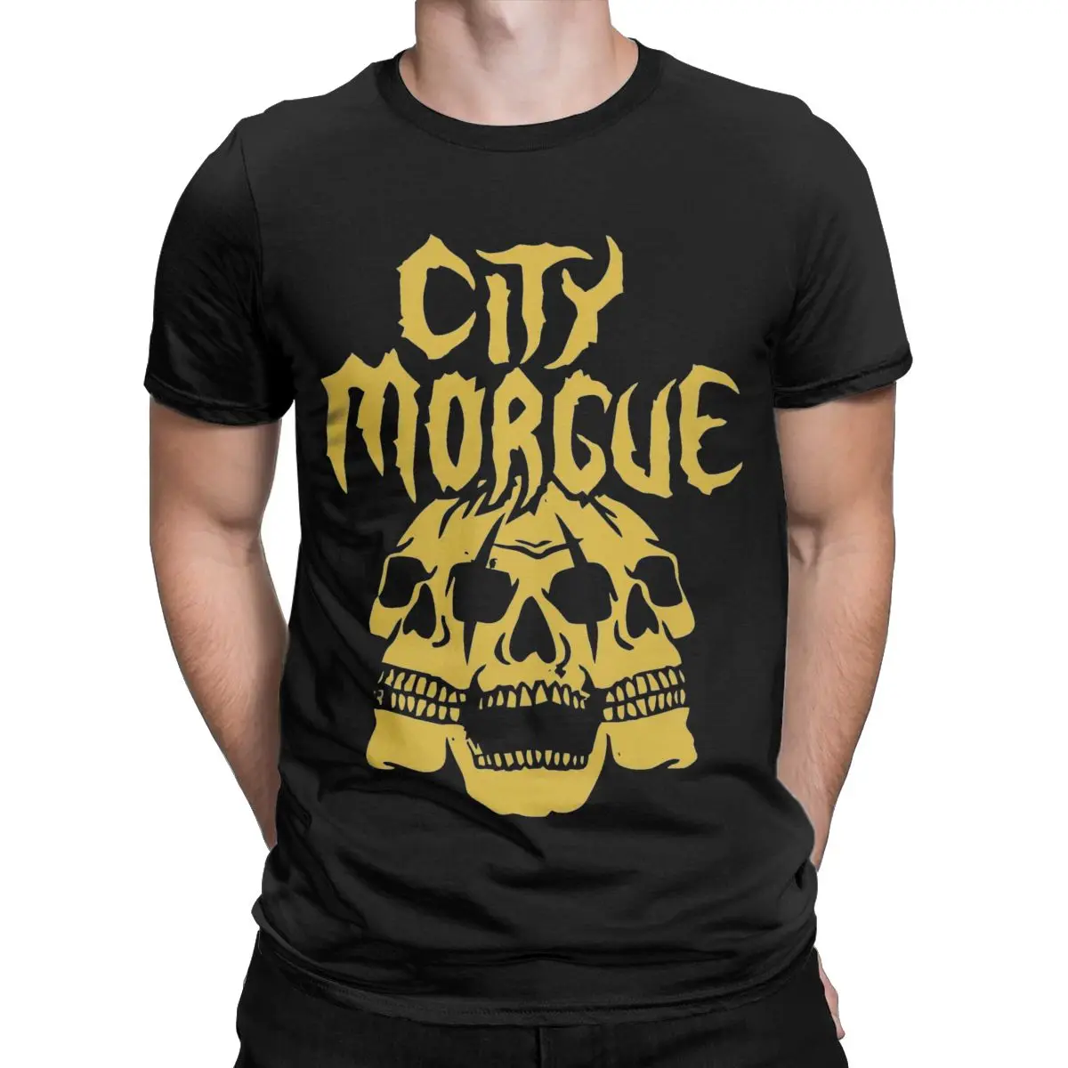 Three Head Skull City Morgue T Shirts Men's Cotton Awesome T-Shirt Crewneck Tees Short Sleeve Clothing Summer