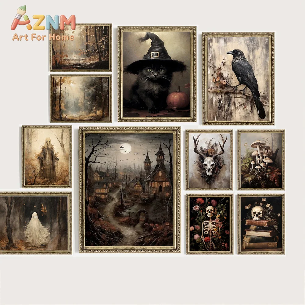 AZNM Vintage Gothic Halloween Canvas Wall Art Black Cat Crow Skeleton Ghost Spooky Witch Haunted House Oil Painting Unframed Can