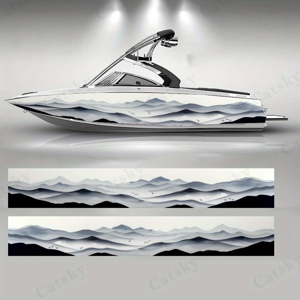 

Distant Ink Colored Mountains Boat Stickers, PVC Waterproof Durable Vinyl Wrap Decals for Fishing Boats, Durable and Stylish Gra