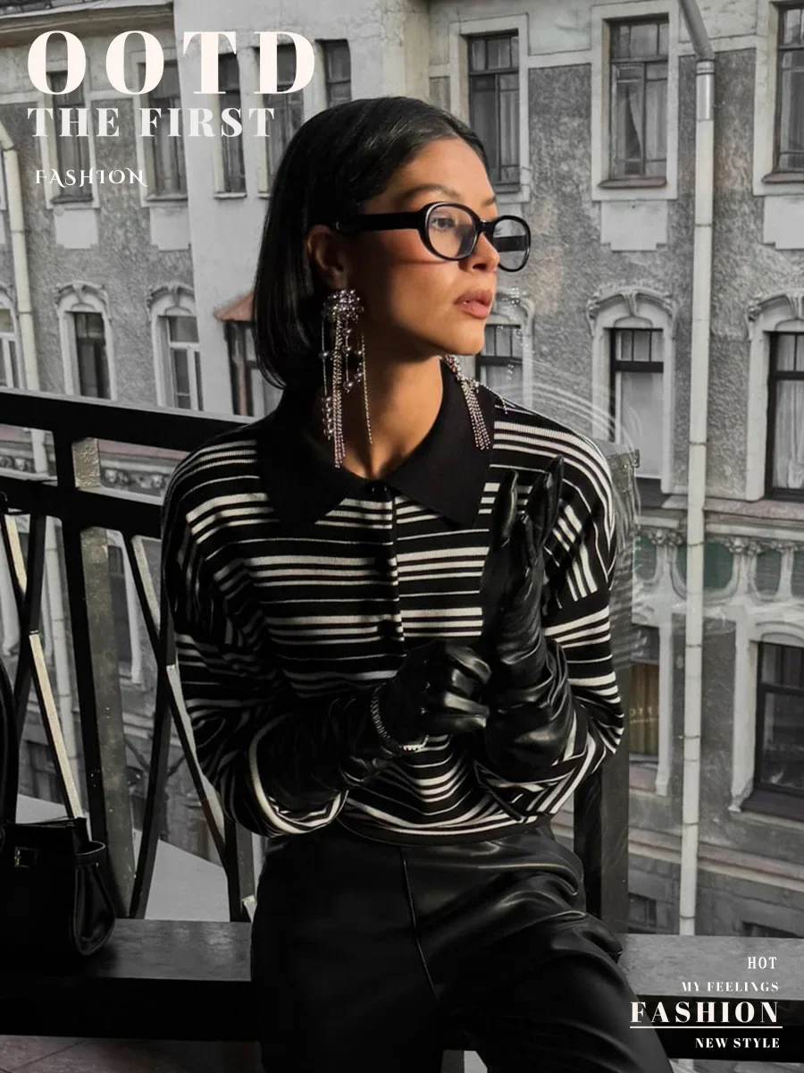 

Yaminiya женская осенняя винтажная трикотажная футболка с воротником-поло в контрастную полоску, весна-лето, модный повседневный трендовый топ с длинными рукавами