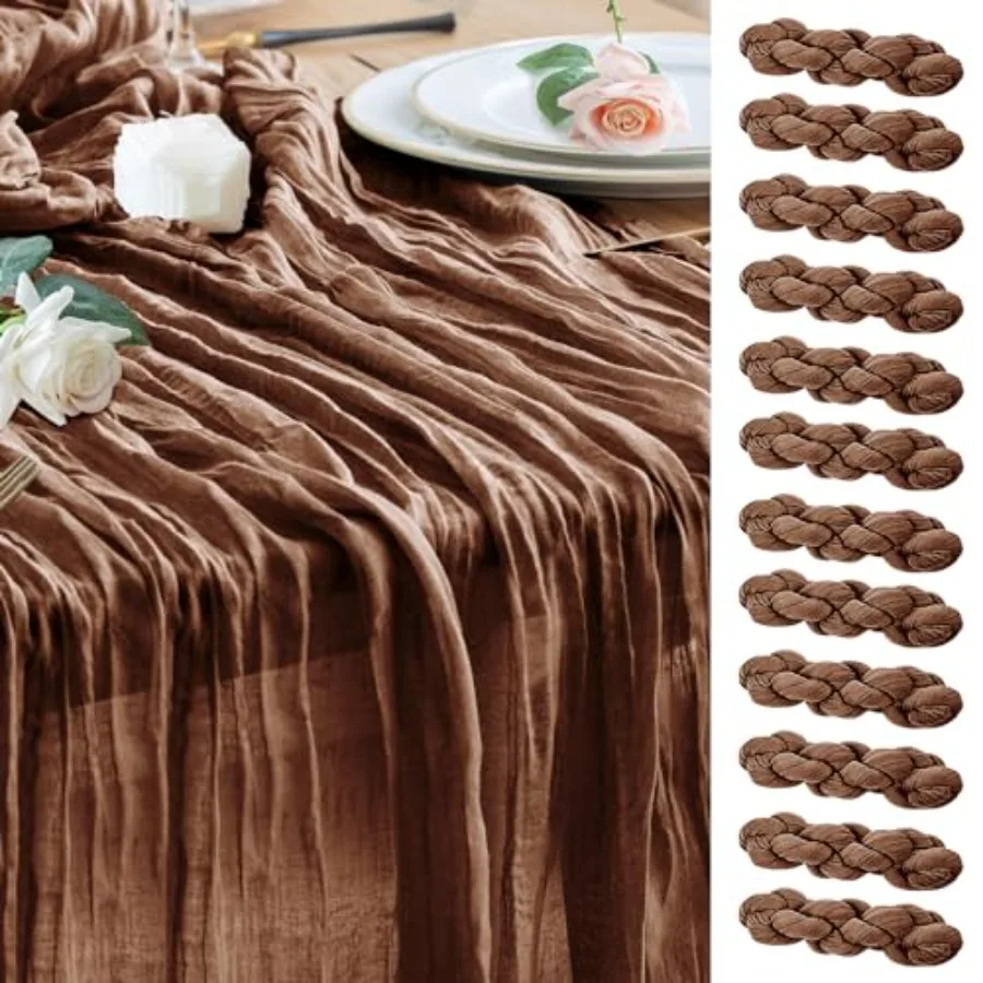 Paquete de 12 Caminos de Mesa de Gasa de Algodón de 10 Pies, Color Marrón, Estilo Boho Rústico, para Fiestas