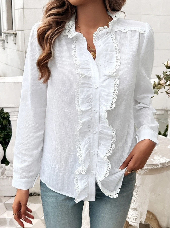 Elegant Women's Summer T-Shirt 2024 Casual Long Sleeved Solid Color Temperament Contrasting Striped Lace Fungus Edge Loose Top