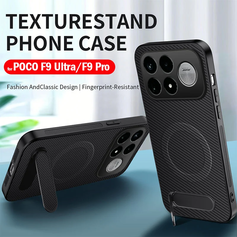Hülle für POCO F9 Ultra POCO F9 Pro, Carbonfaser-Textur, Leder, versteckter Ständer für Magsafe, magnetischer Schutz, Cover Capa
