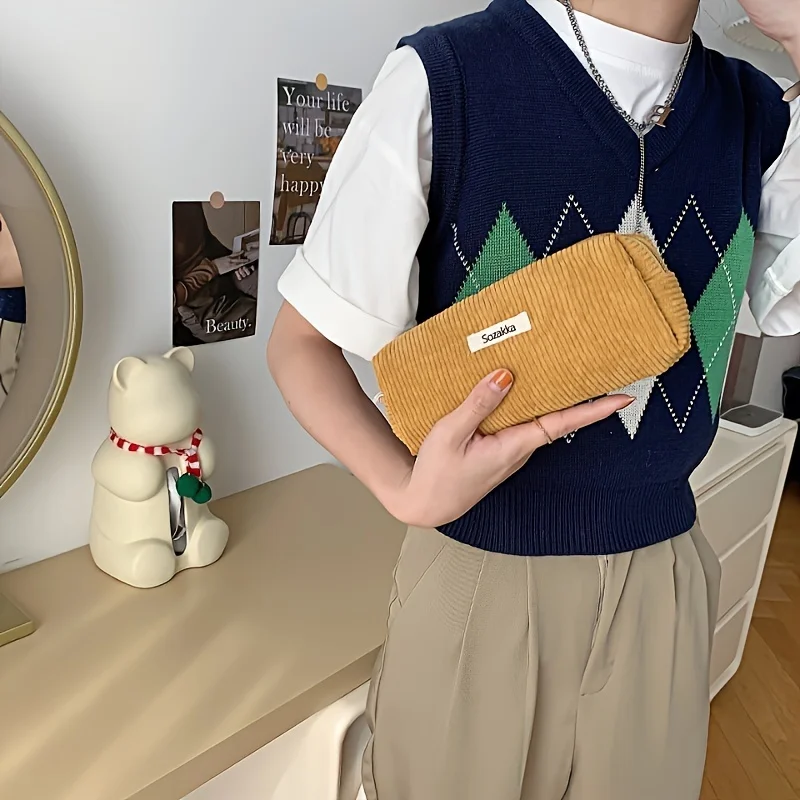 Trousse de toilette en velours côtelé, 1 pièce, Style Vintage mignon, organisateur cosmétique lavable avec fermeture à glissière |   Léger |   Lavage en machine