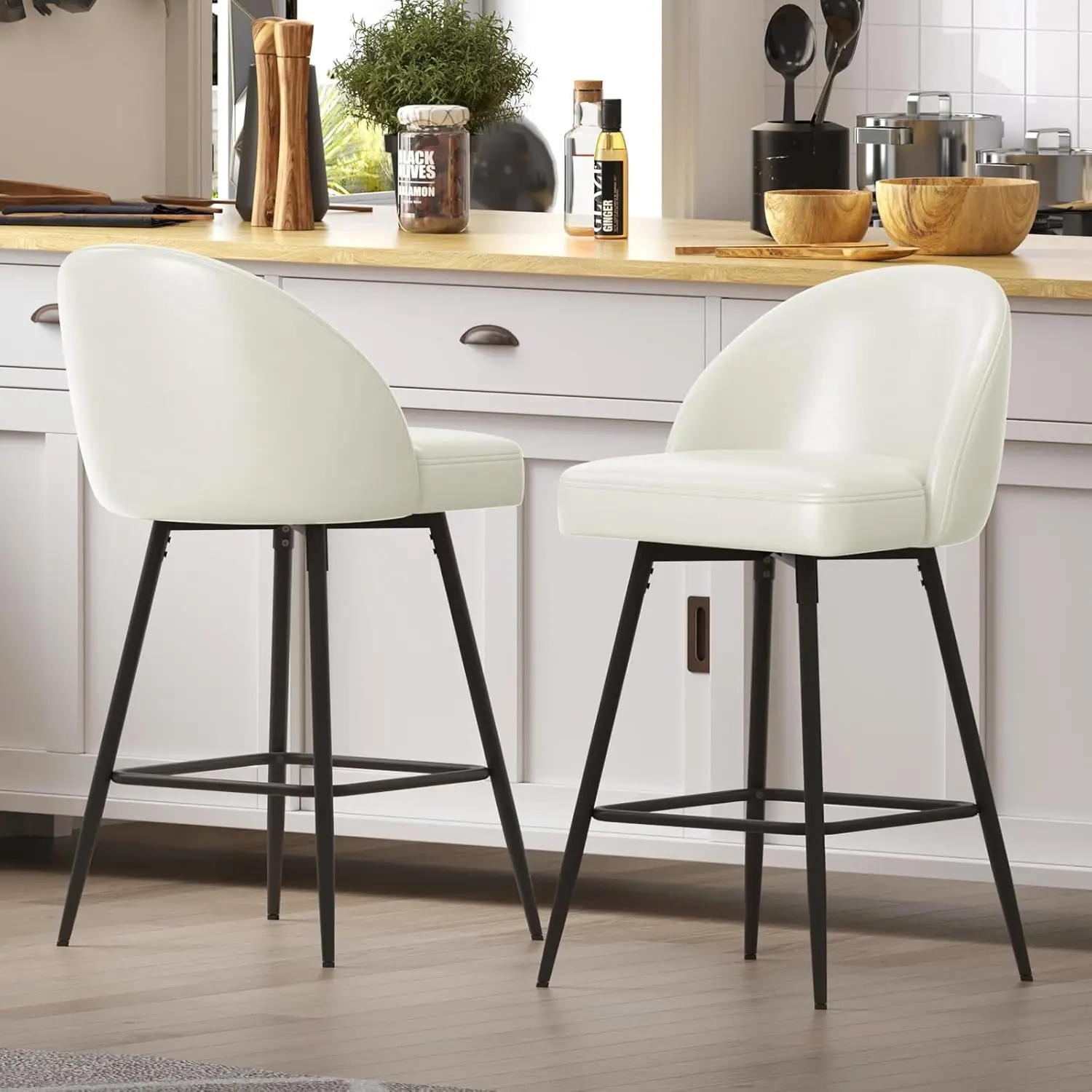 Counter Height Swivel Bar Stools, Upholstered Barstools with Backs and Metal Legs, Modern Bar Stools，Kitchen , Bar