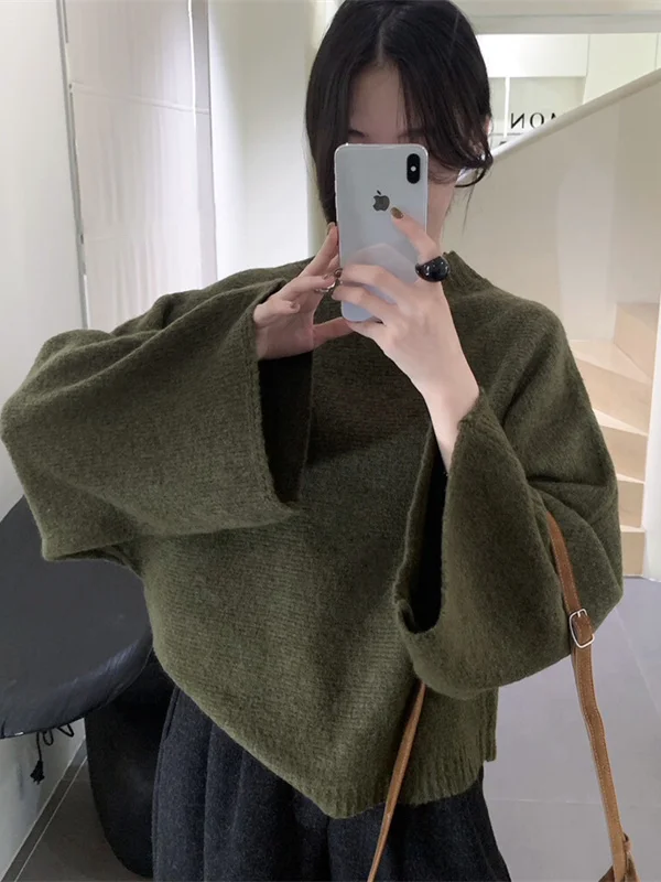 

Свободный вязаный свитер с рукавами «летучая мышь» для женщин, весенний, в стиле «ленивый шик», с высоким воротником, для ношения как под верхнюю одежду, так и под нижнюю.