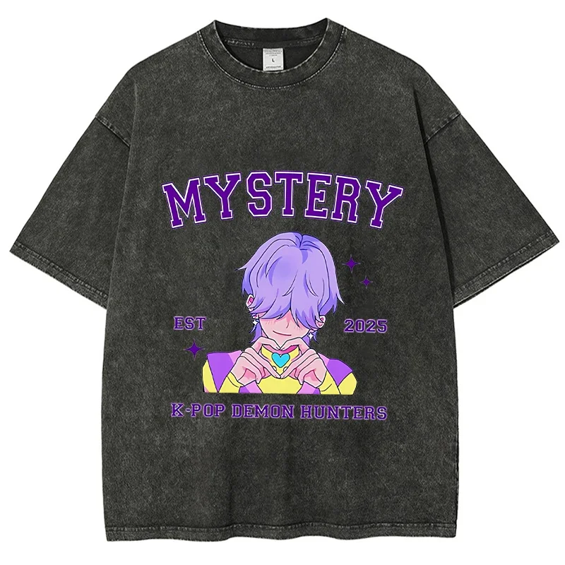 

Kpop Demon Hunters Saja Boys Mystery Priting Washed T-Shirt Men Cotton Short Sleeved Women Oversize Loose Unisex Multi-Color Tee