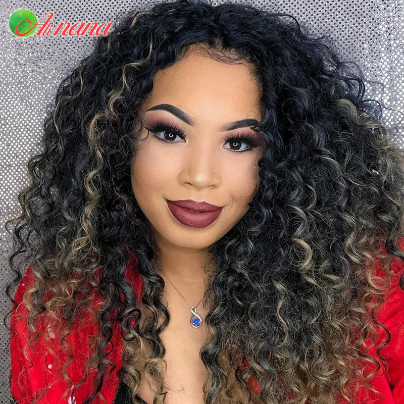 Wig rambut manusia keriting ikal Afro Mongolia 13x4 Wig Frontal renda untuk wanita Ombre 1B berwarna pirang