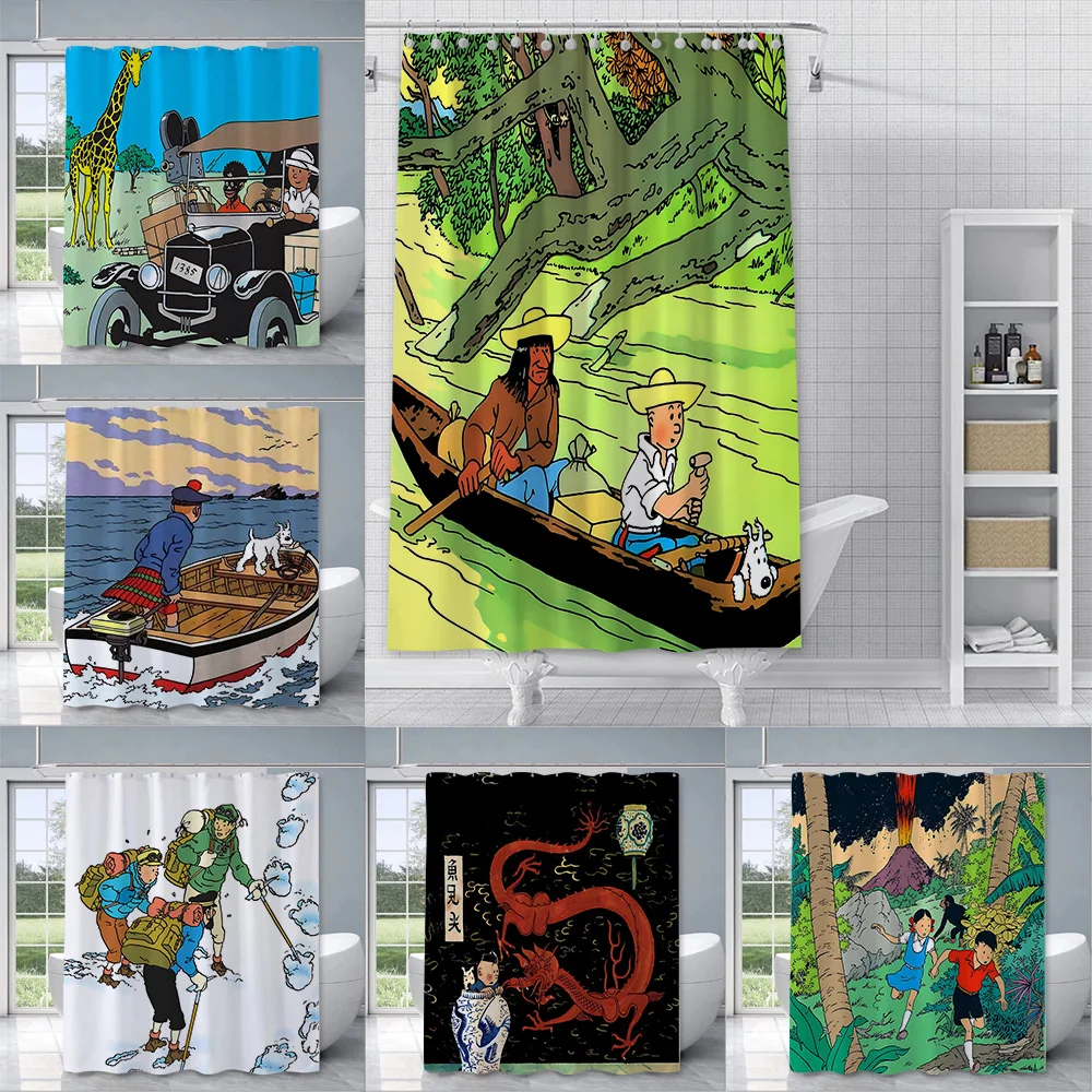 Cute The Adventure of T-Tintin Shower Curtain Waterproof Polyester Fabric Colorful Bath Curtains Home Bathroom Curtain With Hook