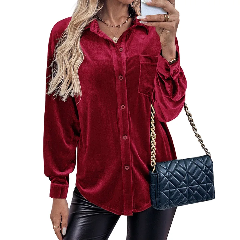 Damesoverhemd Fluwelen overhemd Revers 2024 Herfst Winter Nieuwe knop Lange mouw Fluwelen vest Pocket Top Shirt