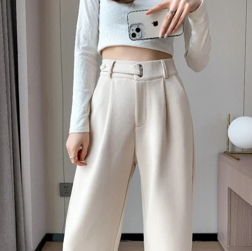 

Autumn Winter Thicken Woolen Casual Loose Full Length Pants 2025 New Button High Waist Chic Wide Leg Trousers Female