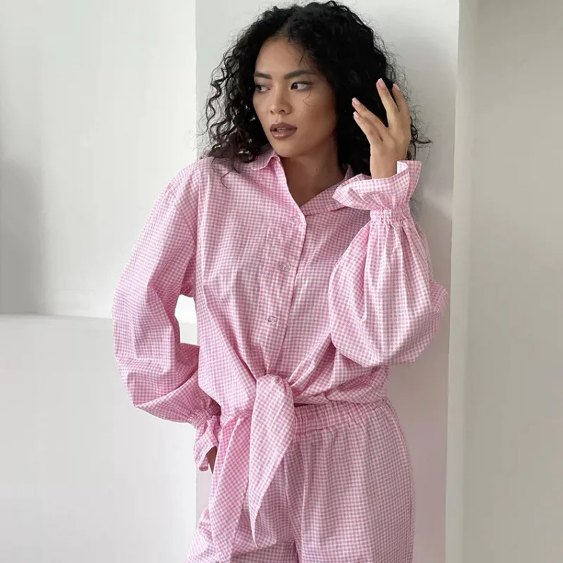 2026 New Women 100% Cotton Pajamas Sets Pink Plaid Ruffle Edge Long Sleeve Cardigan Tie Up Pants Two-pieces Home Suit Loungewear