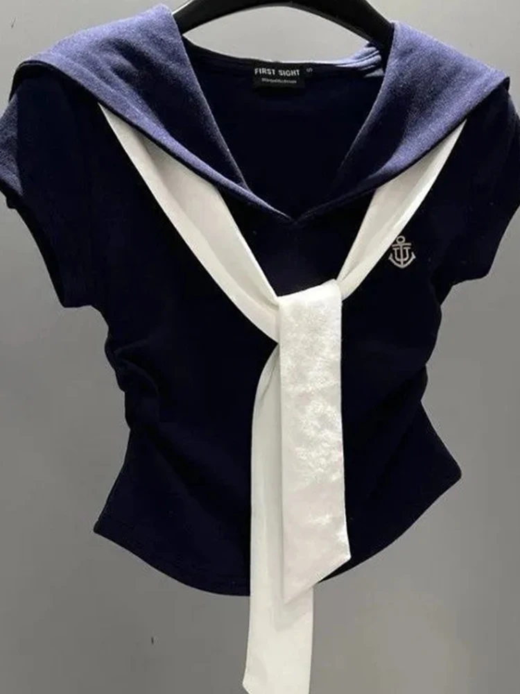 الكورية Preppy نمط المرقعة تي شيرت المرأة الصيف موضة بحار طوق ضمادة سليم تيز أنيقة عادية تونك سيدة بلايز جديد #3