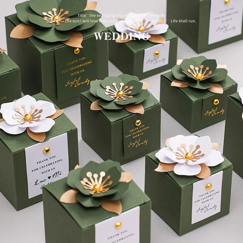

Green Creative Flower Square Exquisite Wedding Candy Box Personalized With a Name Wedding Thank You Gifts For Guests Box 50/100