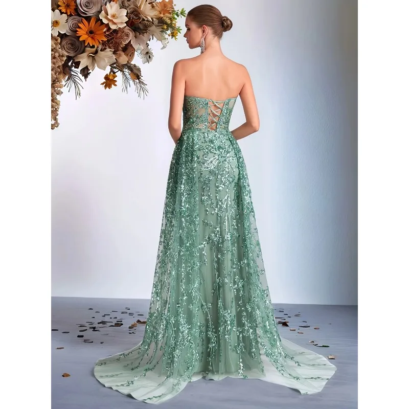 Luxe feestjurk dames saliegroen geborduurde jurk strapless elegante avondjurk baljurk vestidos de fiesta aangepast