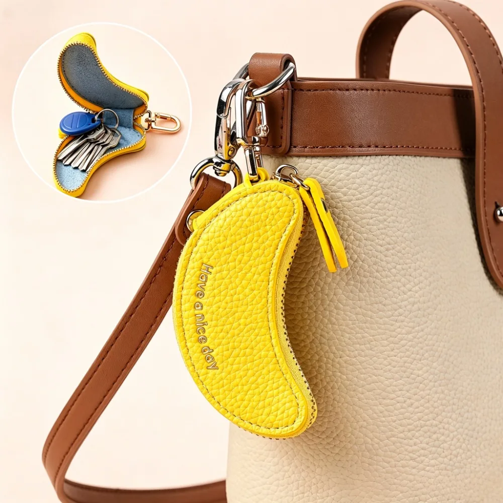 Mini Fruit Banana PU Key Case With Metal Clip Zipper Small Coin Earphone Storage Pouch Bag Hanging Keychain Accessory