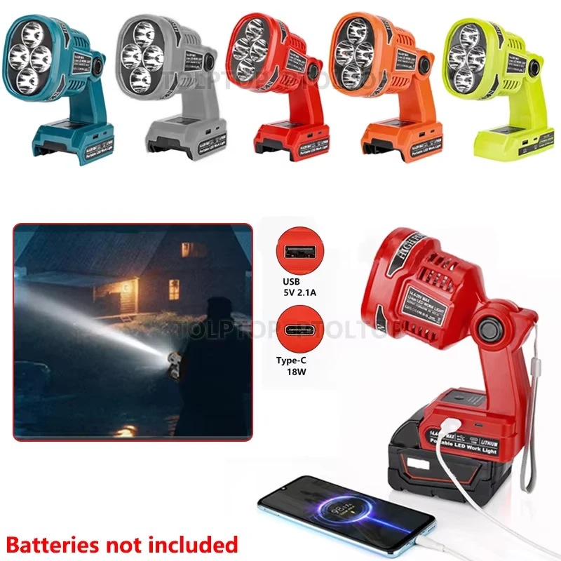 

12W Cordless Flashlight LED Work Lamp For Makita/Dewalt/Milwaukee/Bosch/Ryobi 18V Li-ion Battery Emergency Flood Lights with USB