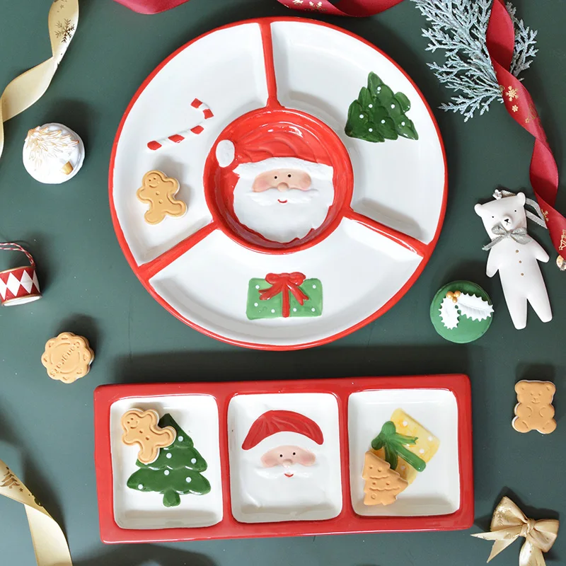 Santa Claus Snowman Ceramic Dim Sum Plate Decorative Candy Western Food Divided Plate