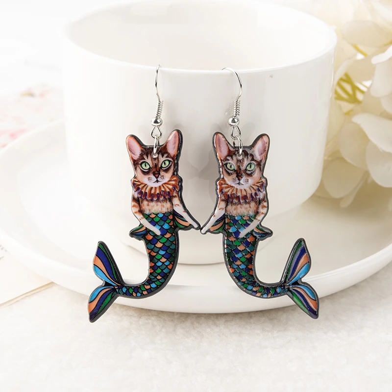 1Pair Cat Mermaid Dangle Earrings Acrylic Creative Guitar Black Cat For Women Birthday Holiday Gift