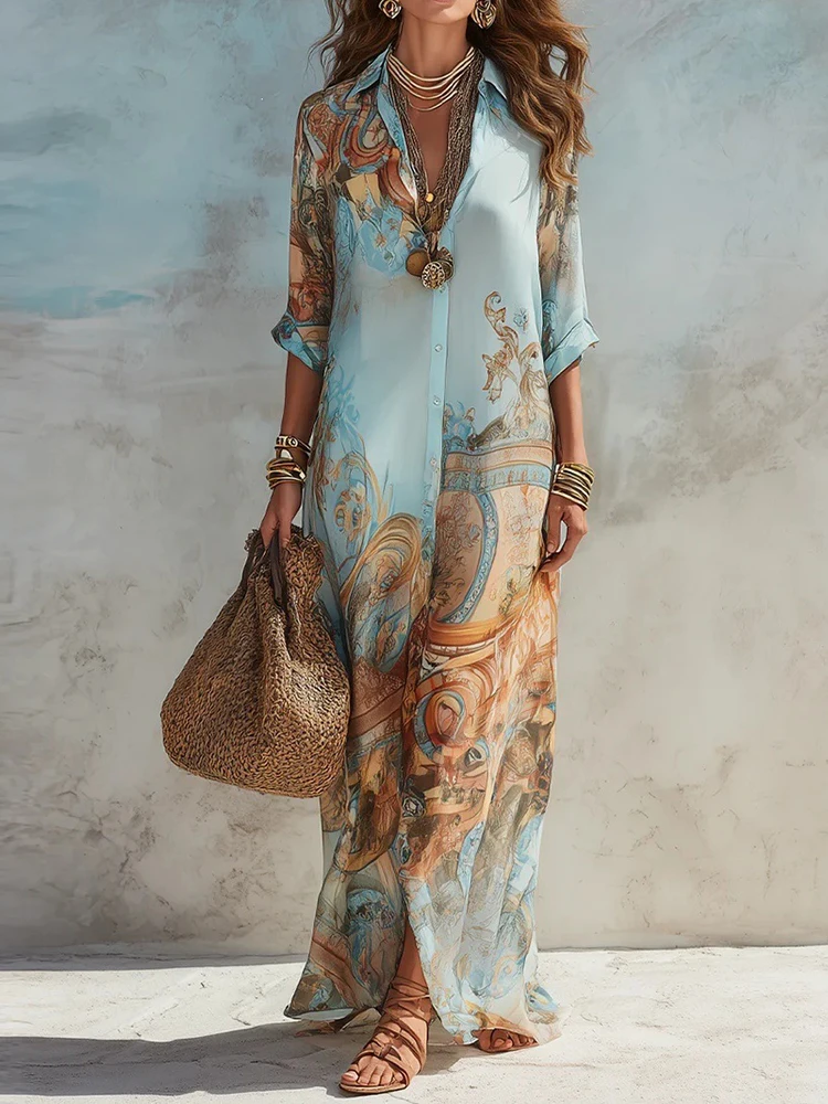 Vintage Spring Summer Female Buttons Maxi Dress, Women Patchwork Printing Elegant Party Dress, Office Ladies Retro Dress Vestido