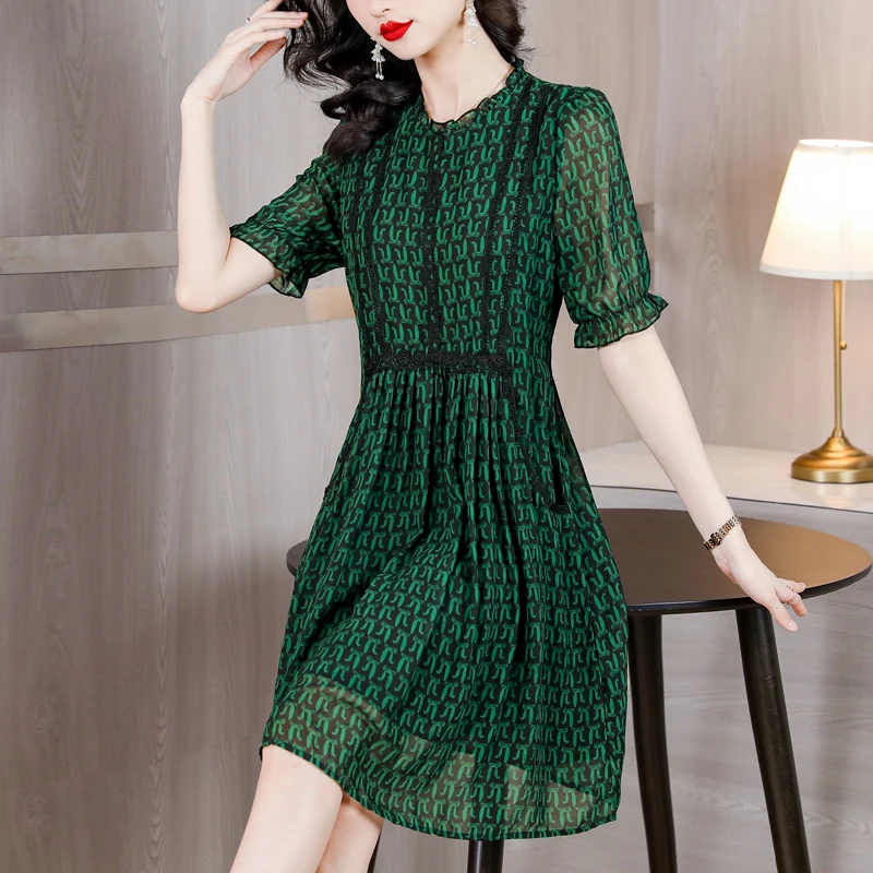 2023 Spring/Summer New Short Sleeve Green Silk Large Print Dress Bohemian O-Neck Loose Beach Skirt Slim Over Knee Long Dress