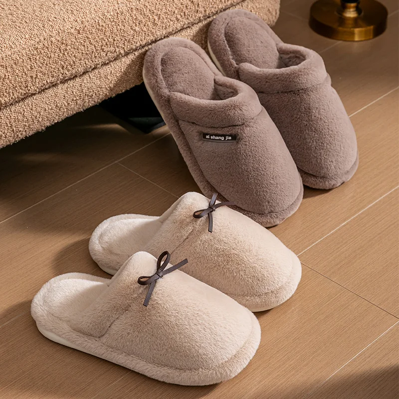 شباشب قطنية على شكل فيونكة للنساء، ملابس خارجية جديدة للخريف/الشتاء بنعال سميكة، شباشب منفوشة حرارية للزوجين في الأماكن المغلقة #5