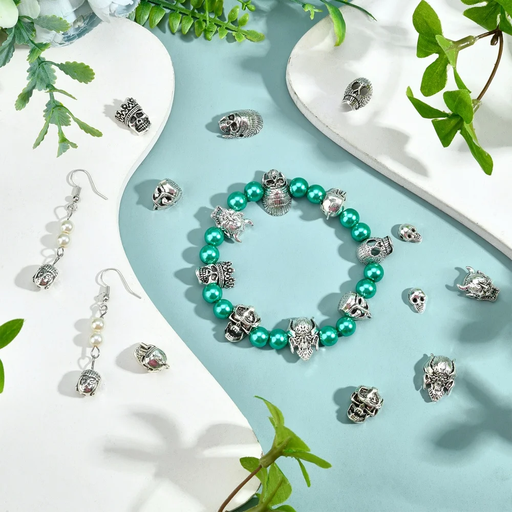 خرزات رأس جمجمة على طراز التبت المختلط ، سبيكة معدنية ، هالوان ، قوطية ، بانك ، فاصل ، أساور تصنعها بنفسك ، 10 سنوات #4