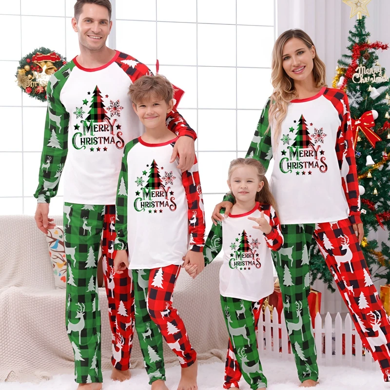 Christmas Home Clothes Family Set Plaid Elk Christmas Tree Print Pijamas Nightwear Family Matching Outfits Xmas Sleepwear